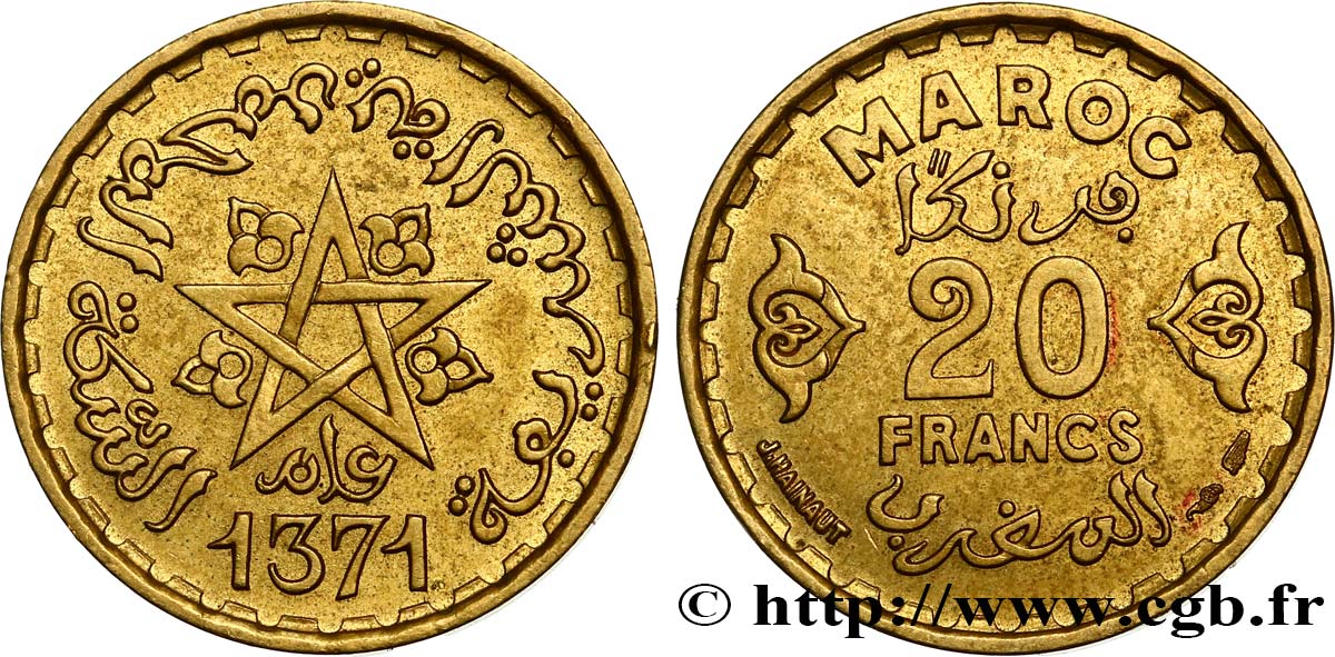 MARUECOS - PROTECTORADO FRANCÉS 20 Francs AH 1371 1952 Paris EBC 