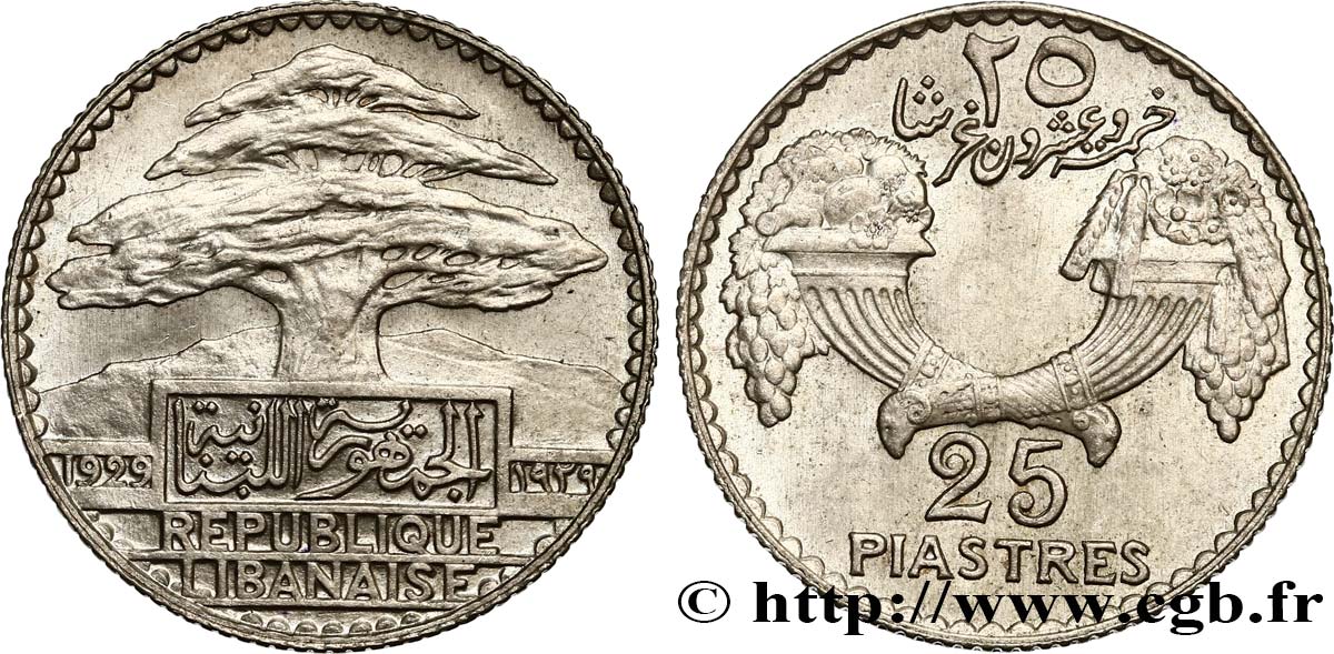III REPUBLIC - LEBANON 25 Piastres Cèdre du Liban 1929 Paris MS 
