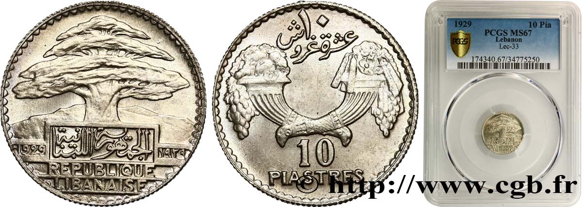 LEBANON - III REPUBLIC 10 Piastres Cèdre du Liban 1929  MS67 PCGS