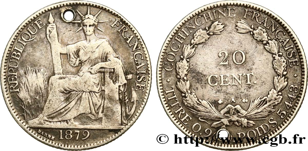 FRENCH COCHINCHINA 20 Centimes (monnaie percée) 1879 Paris VF 
