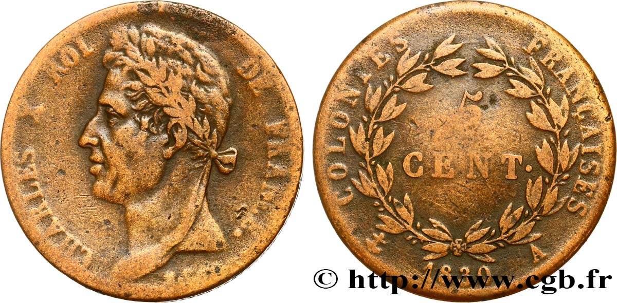 COLONIE FRANCESI - Carlo X, per Guyana 5 Centimes Charles X 1830 Paris - A MB 