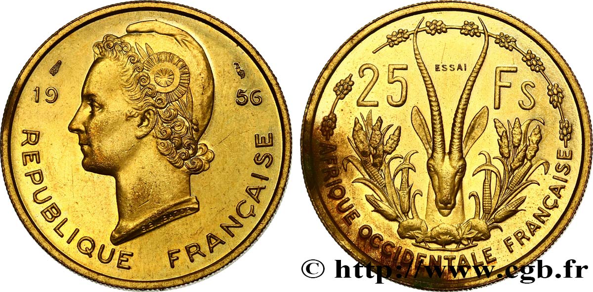 FRANZÖSISCHE WESTAFRIKA Essai de 25 Francs Marianne / antilope 1956 Paris VZ 