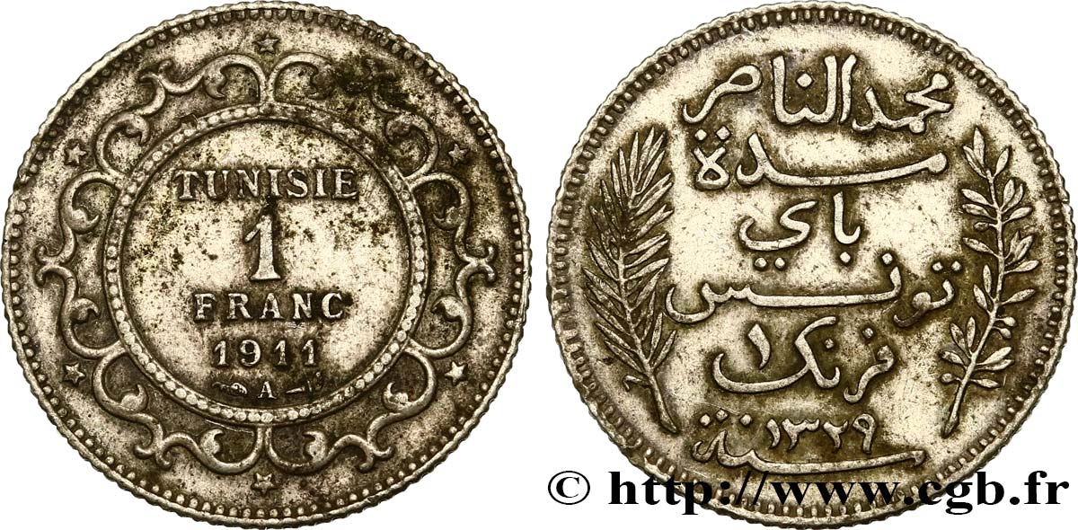 TUNISIA - Protettorato Francese 1 Franc AH1329 1911 Paris BB 