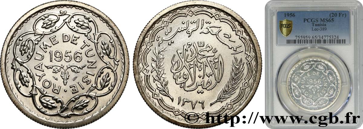 TUNISIA - French protectorate 20 Francs (module de) 1956 Paris MS65 PCGS