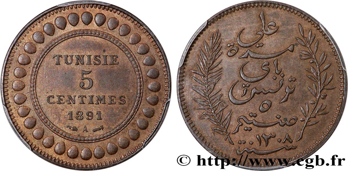 TUNESIEN - Französische Protektorate  5 Centimes AH1308 1891 Paris fST64 PCGS