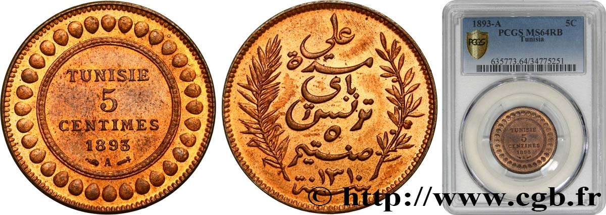 TUNISIA - Protettorato Francese 5 Centimes AH1310 1893 Paris MS64 PCGS