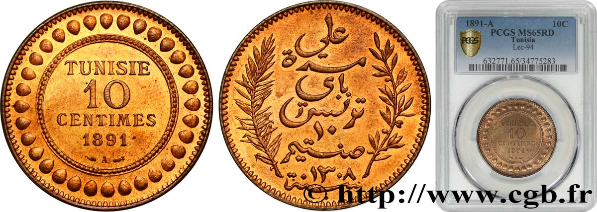 TUNISIA - Protettorato Francese 10 Centimes AH1308 1891 Paris FDC65 PCGS