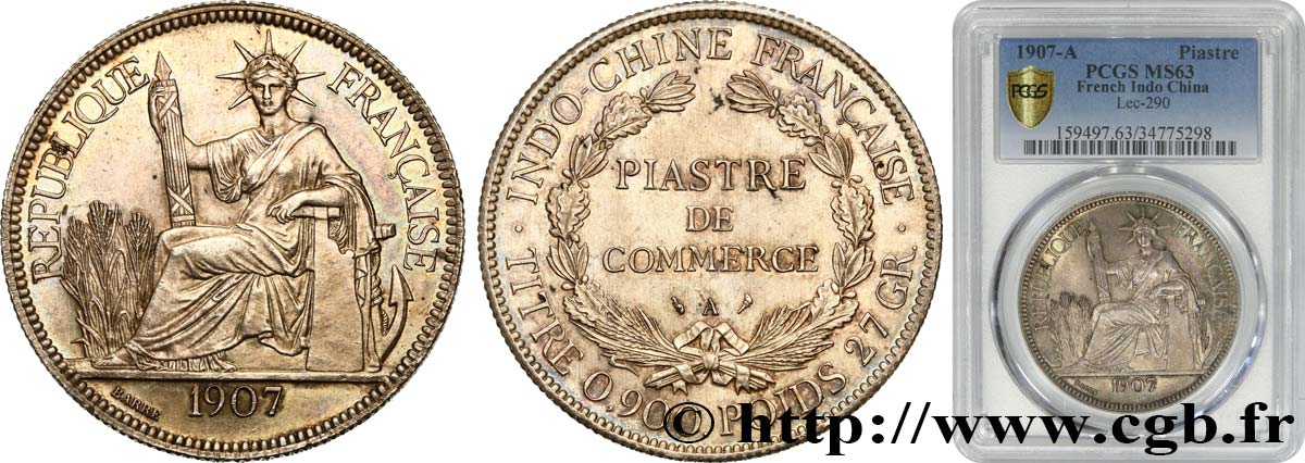INDOCHINE FRANÇAISE 1 Piastre de Commerce 1907 Paris SPL63 PCGS