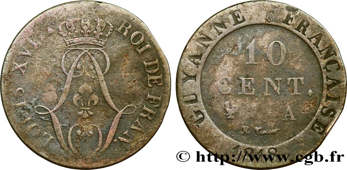 GUYANA FRANCESA 10 Cen. (times) de ‘Guyanne’ monograme de Louis XVIII 1818 Paris BC 