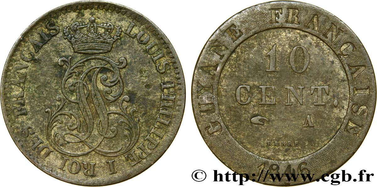 GUYANA FRANCESA 10 Cent. (imes) monogramme de Louis-Philippe 1846 Paris BC+ 