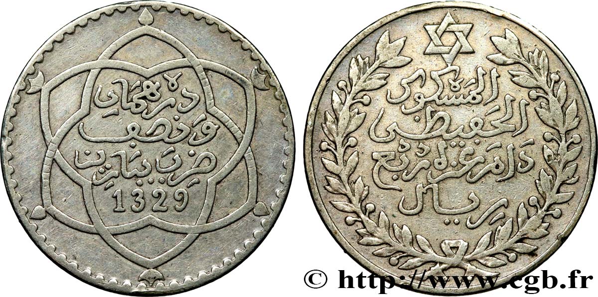 MAROKKO 2 1/2 Dirhams Moulay Hafid I an 1329 1911 Paris SS 