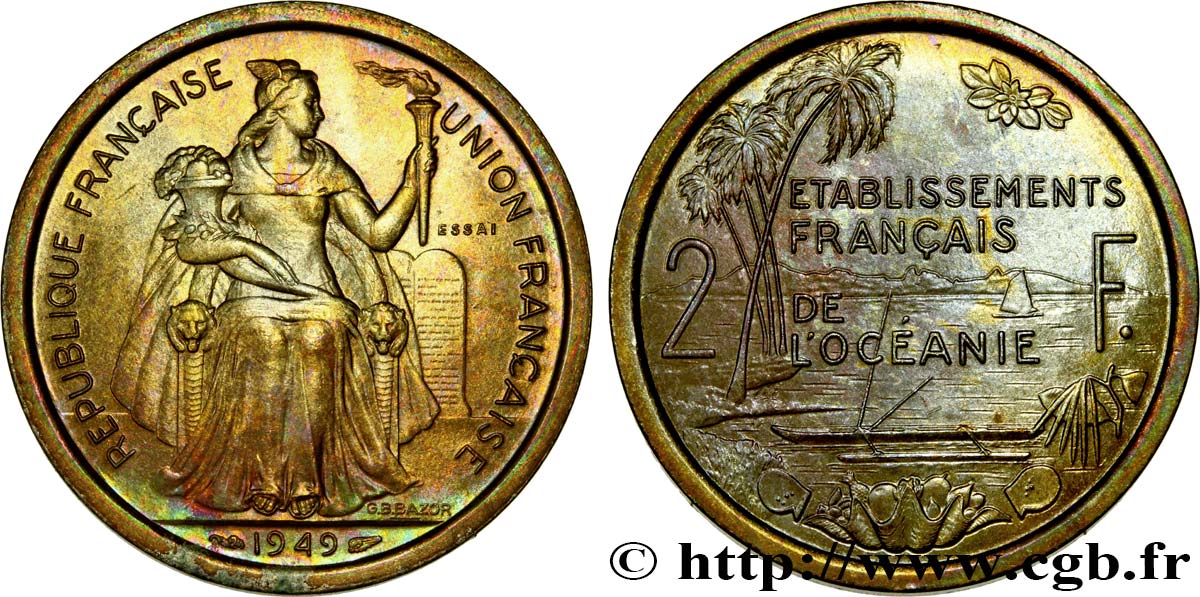POLYNÉSIE FRANÇAISE - Océanie française Essai de 2 Francs Établissements français de l’Océanie 1949 Paris SUP 