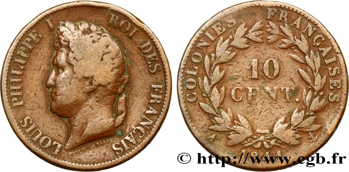 COLONIAS FRANCESAS - Louis-Philippe para Guadalupe 10 Centimes 1841 Paris BC 