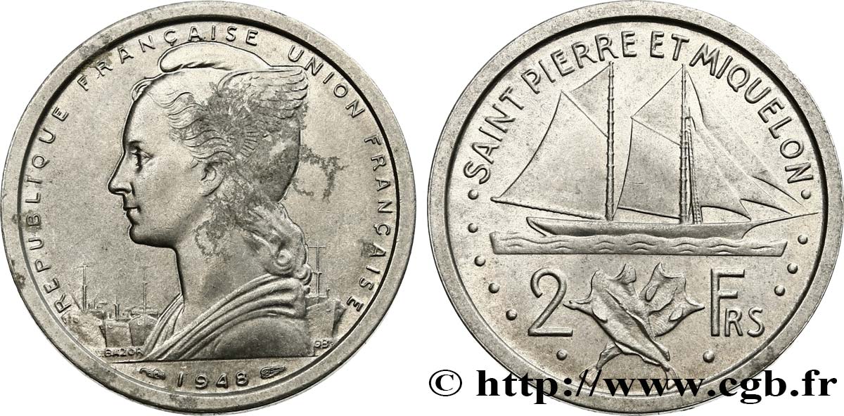 SAINT PIERRE AND MIQUELON 2 Francs Marianne type Union Française / voilier 1948 Paris AU 