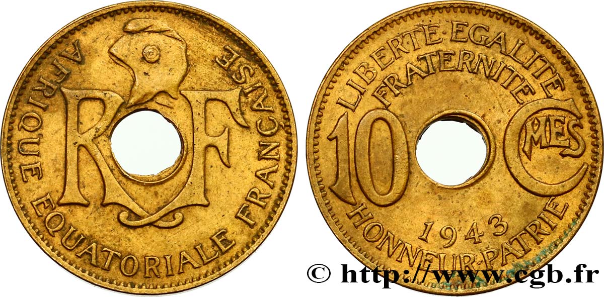 AFRIQUE ÉQUATORIALE FRANÇAISE - FRANCE LIBRE 10 Centimes 1943 Prétoria TTB 
