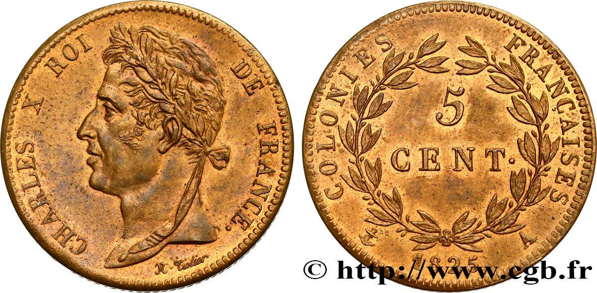 COLONIES FRANÇAISES - Charles X, pour la Guyane et le Sénégal 5 Centimes Charles X 1825 Paris SPL 