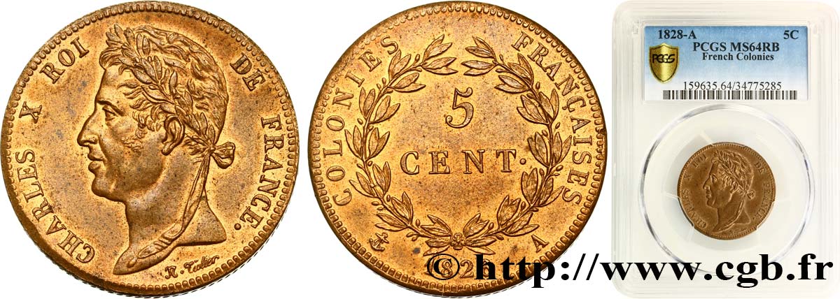 COLONIE FRANCESI - Carlo X, per Guyana 5 Centimes Charles X 1828 Paris MS64 PCGS