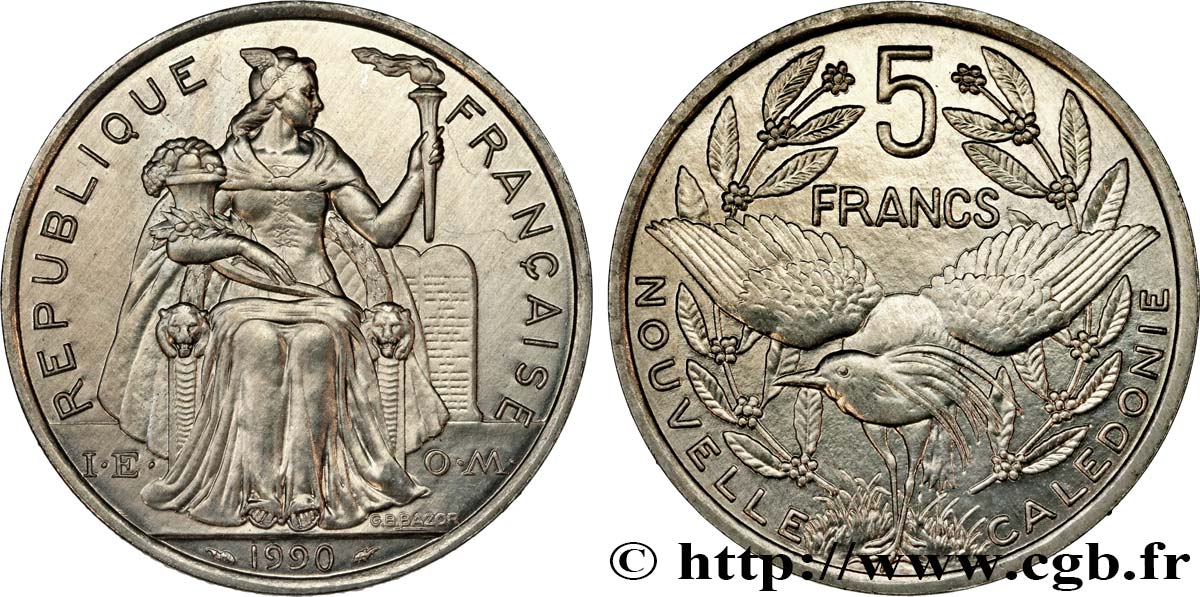 NUEVA CALEDONIA 5 Francs I.E.O.M. représentation allégorique de Minerve / Kagu, oiseau de Nouvelle-Calédonie 1990 Paris SC 