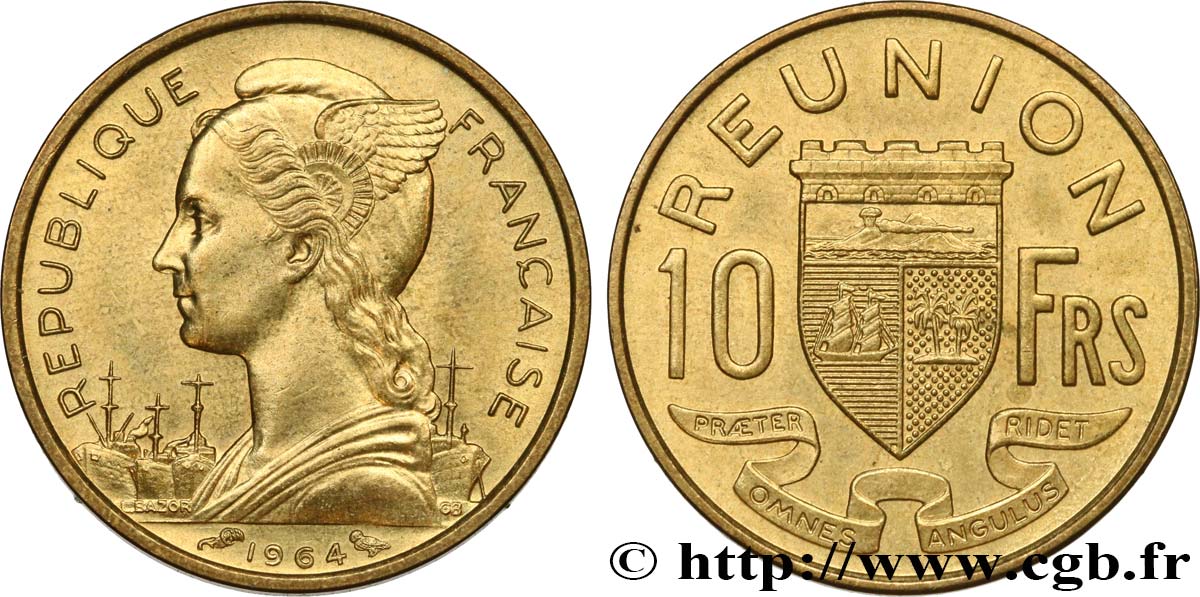REUNION ISLAND 10 Francs 1964 Paris MS 