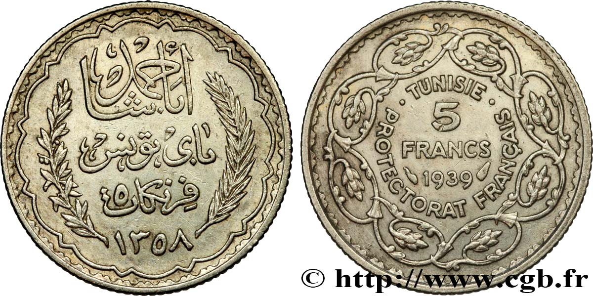 TUNISIA - Protettorato Francese 5 Francs AH 1358 1939 Paris SPL 