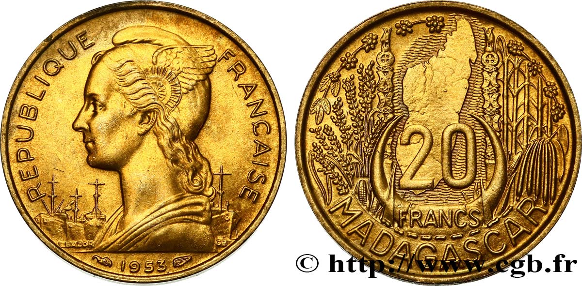 MADAGASCAR - UNIóN FRANCESA 20 Francs 1953 Paris EBC 