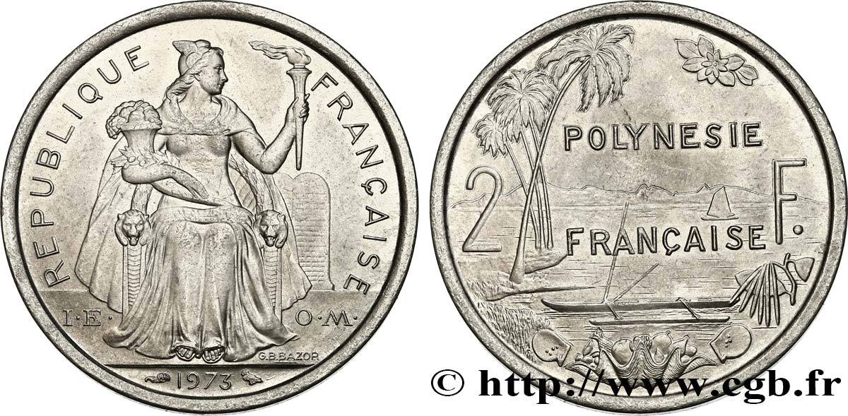 FRANZÖSISCHE-POLYNESIEN 2 Francs I.E.O.M. Polynésie Française 1973 Paris fST 