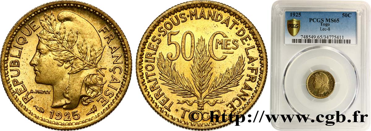 TOGO - Territorios sobre mandato frances 50 centimes 1925 Paris FDC65 PCGS