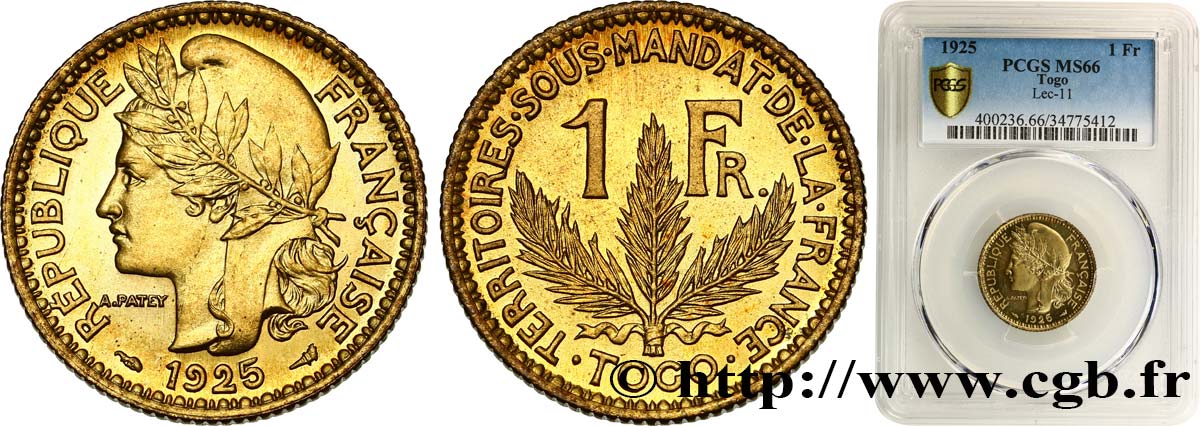 TOGO - MANDATO FRANCESE 1 Franc 1925 Paris FDC66 PCGS