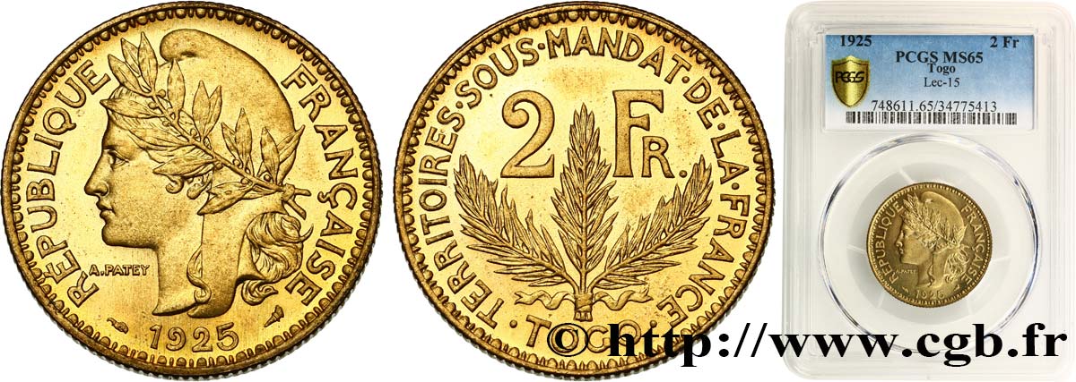 TOGO - MANDATO FRANCESE 2 Francs 1925 Paris FDC65 PCGS