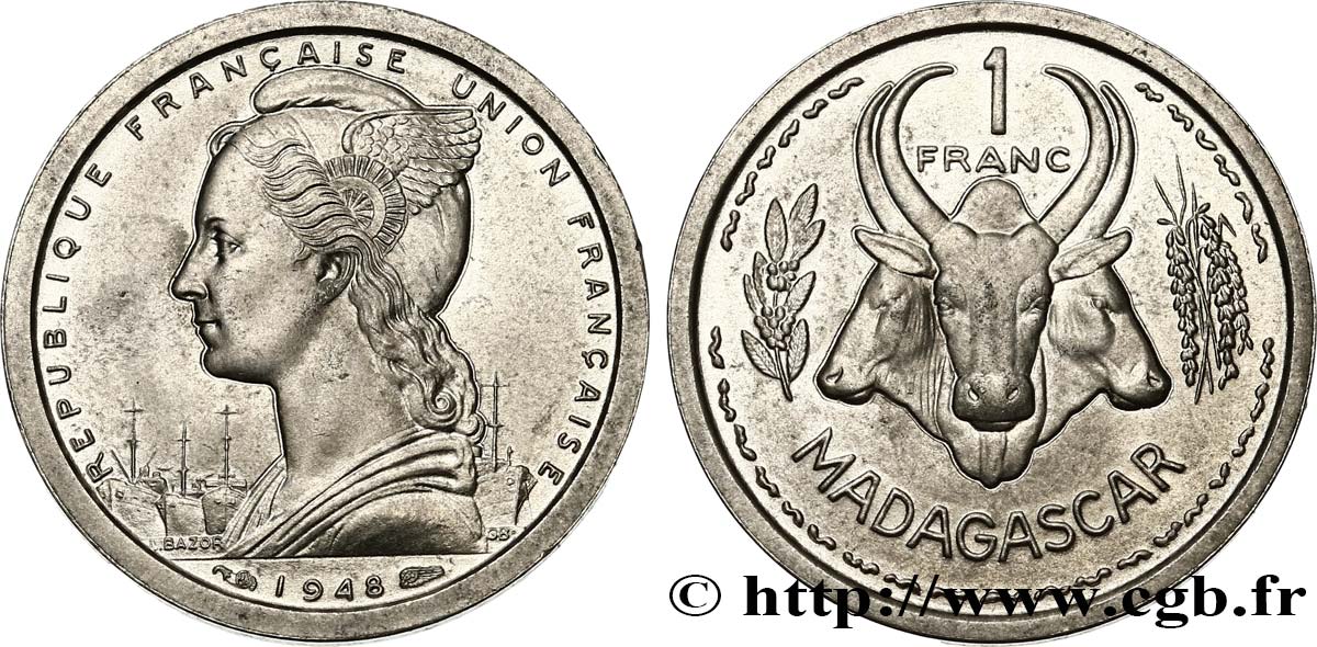 MADAGASCAR French Union 1 Franc 1948 Paris MS 