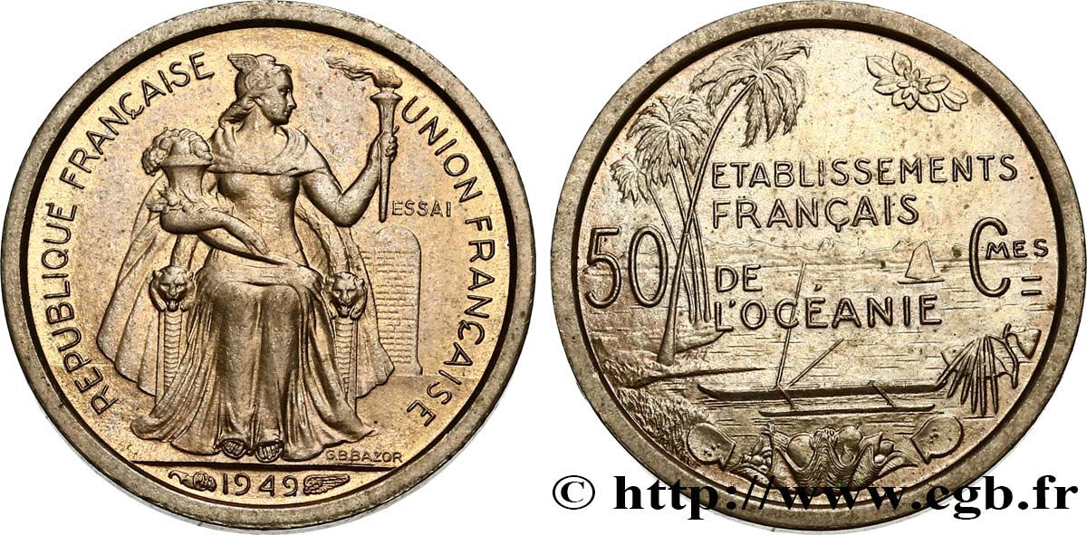 POLINESIA FRANCESE - Oceania Francese Essai de 50 Centimes établissements français de l’Océanie 1949 Paris MS 