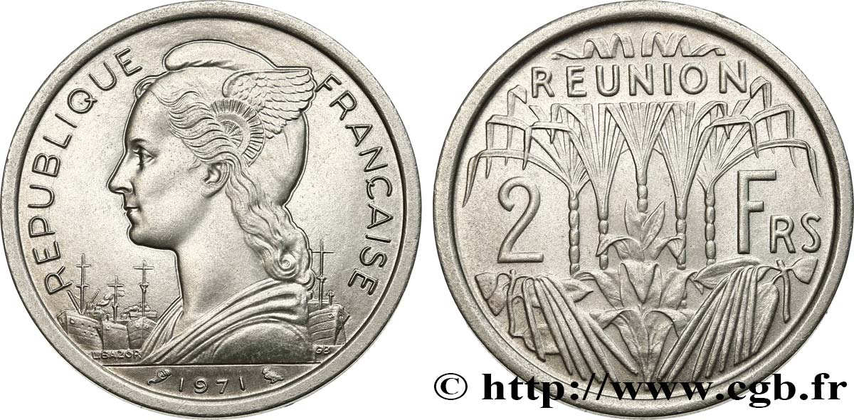 REUNION INSEL 2 Francs Marianne / canne à sucre 1971 Paris fST 
