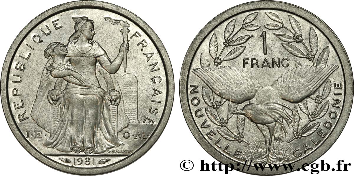 NUEVA CALEDONIA 1 Franc I.E.O.M. représentation allégorique de Minerve / Kagu, oiseau de Nouvelle-Calédonie 1981 Paris SC 