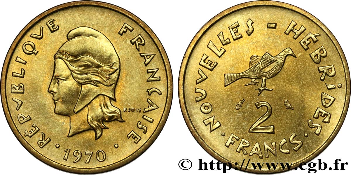 NEUE HEBRIDEN (VANUATU ab 1980) 2 Francs Marianne / oiseau 1970 Paris fST 