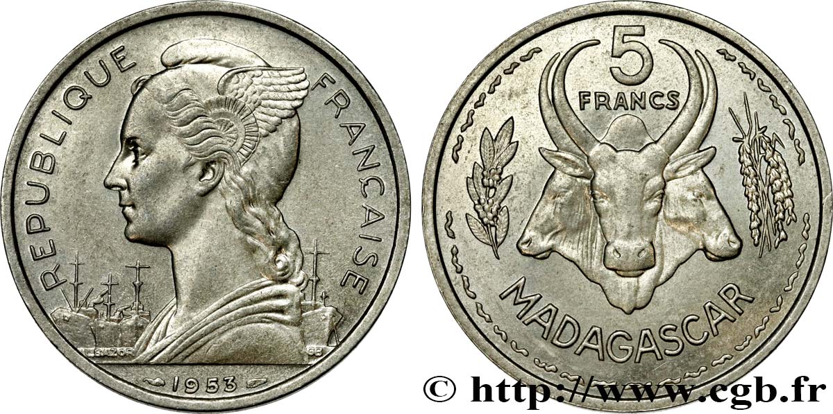 MADAGASCAR French Union 5 Francs 1953 Paris MS 