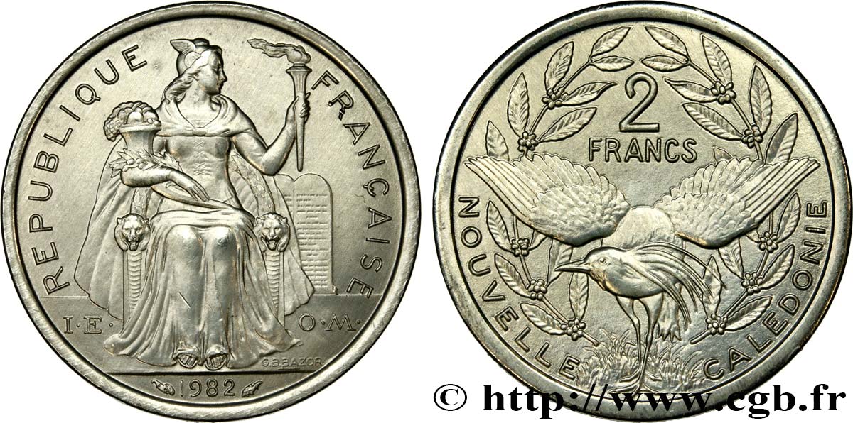 NEW CALEDONIA 2 Francs I.E.O.M. représentation allégorique de Minerve / Kagu, oiseau de Nouvelle-Calédonie 1982 Paris MS 