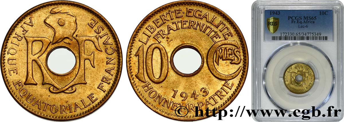 FRENCH EQUATORIAL AFRICA - FREE FRANCE  10 Centimes 1943 Prétoria MS65 PCGS