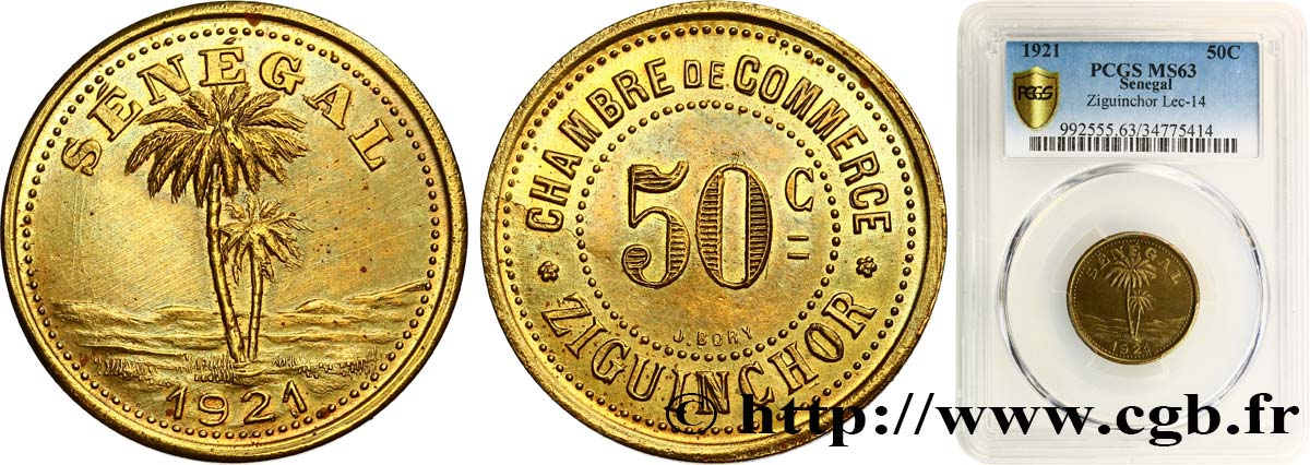 AFRIQUE FRANÇAISE - SÉNÉGAL 50 Centimes Chambre de commerce de Ziguinchor 1921  SC63 PCGS
