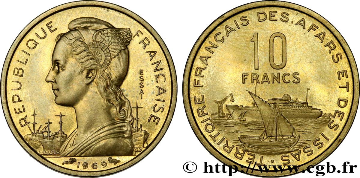 YIBUTI - Territorio Francés de los Afars e Issas 10 Francs ESSAI 1969 Paris SC 