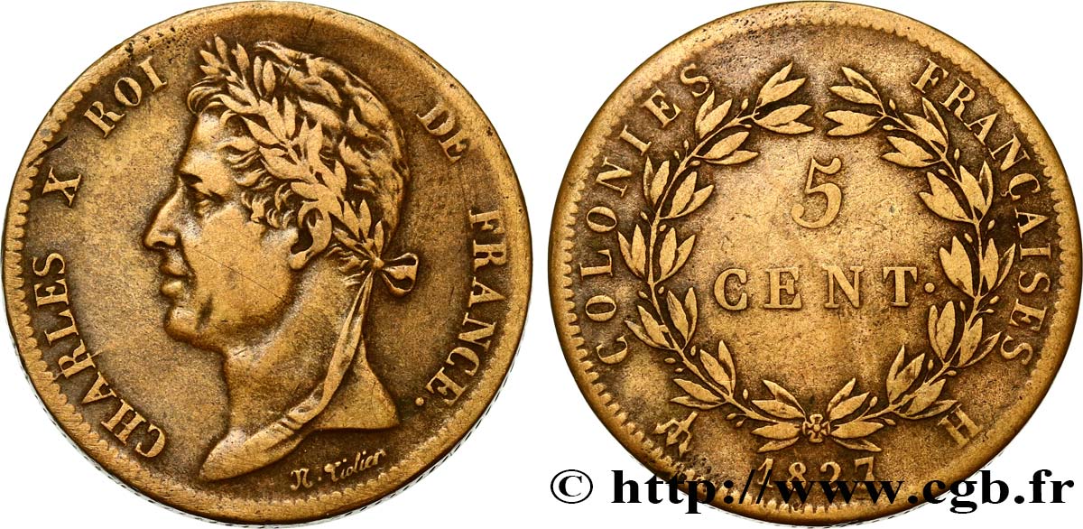 COLONIAS FRANCESAS - Charles X, para Martinica y Guadalupe 5 Centimes Charles X 1827 La Rochelle - A BC+ 