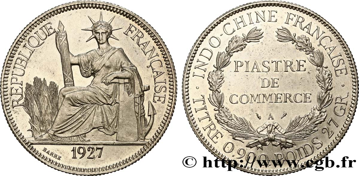 FRENCH INDOCHINA 1 Piastre de Commerce 1927 Paris AU 