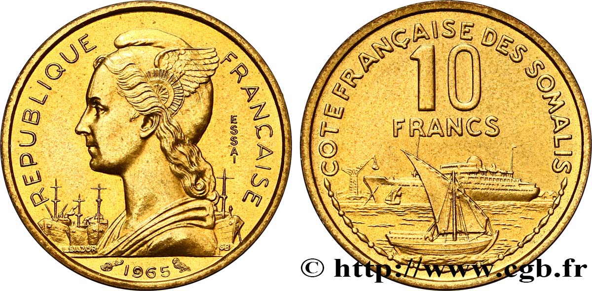 CÔTE FRANÇAISE DES SOMALIS Essai de 10 Francs Marianne / port 1965 Paris SPL 