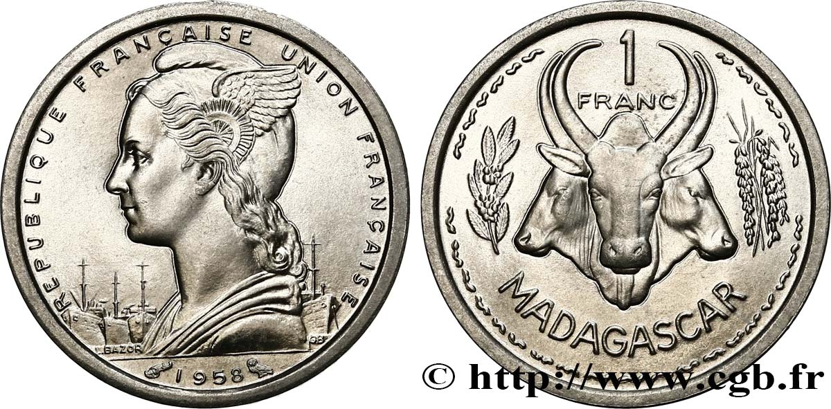 MADAGASCAR French Union 1 Franc 1958 Paris MS 