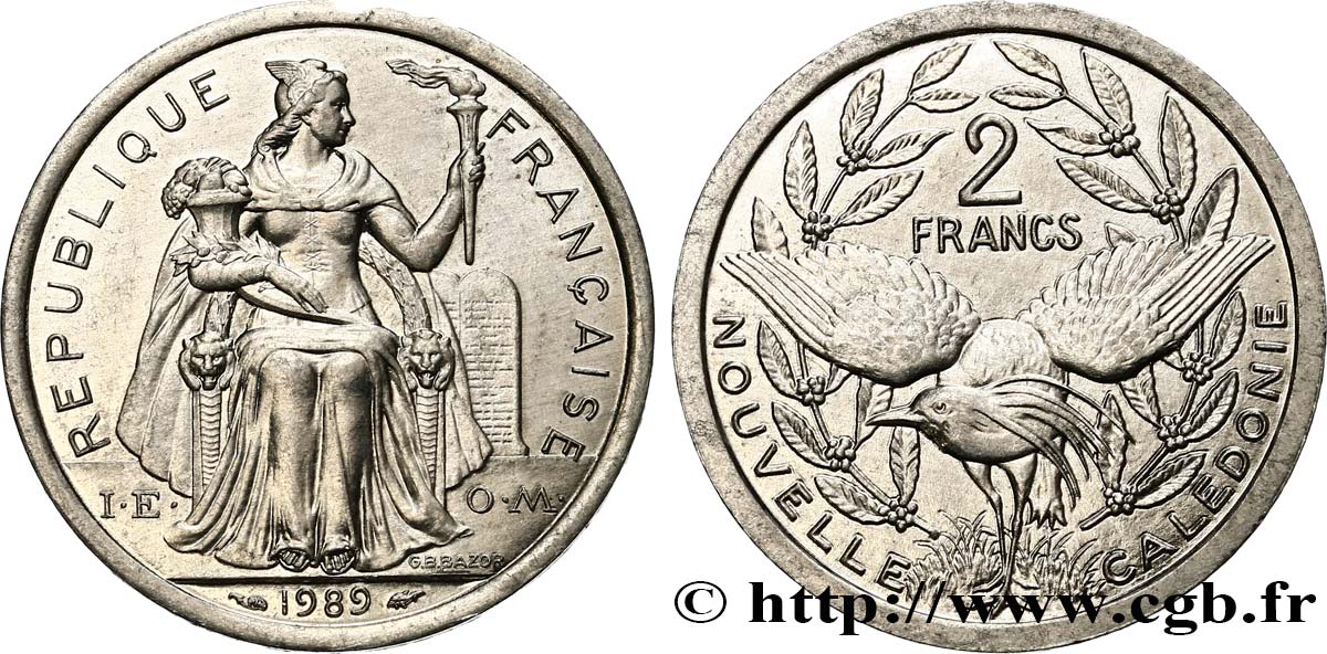 NEW CALEDONIA 2 Francs I.E.O.M. représentation allégorique de Minerve / Kagu, oiseau de Nouvelle-Calédonie 1989 Paris AU 