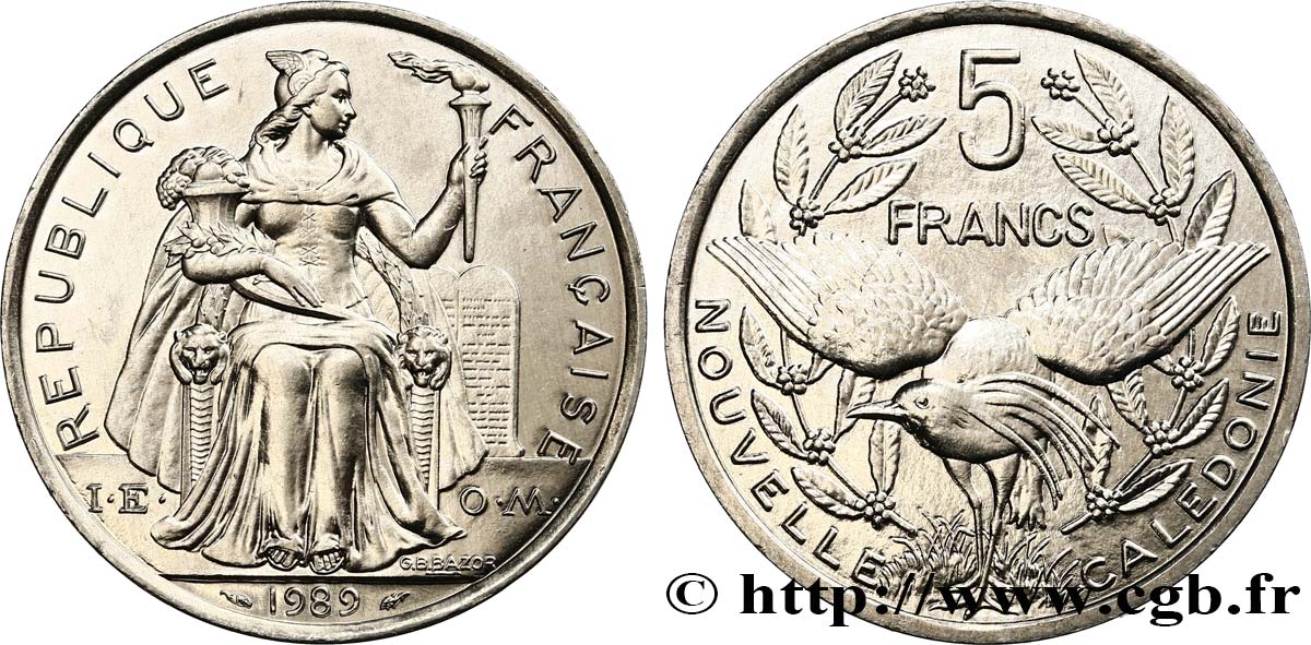 NUEVA CALEDONIA 5 Francs I.E.O.M. représentation allégorique de Minerve / Kagu, oiseau de Nouvelle-Calédonie 1989 Paris SC 