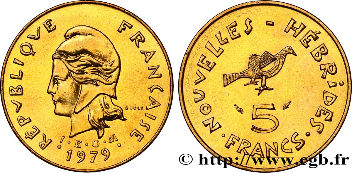 NEUE HEBRIDEN (VANUATU ab 1980) 5 Francs Marianne / oiseau
 1979 Paris fST 