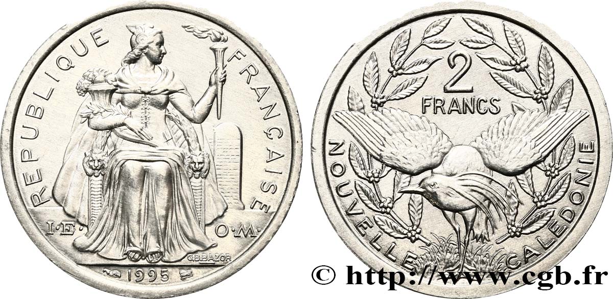 NEUKALEDONIEN 2 Francs I.E.O.M. représentation allégorique de Minerve / Kagu, oiseau de Nouvelle-Calédonie 1995 Paris ST 