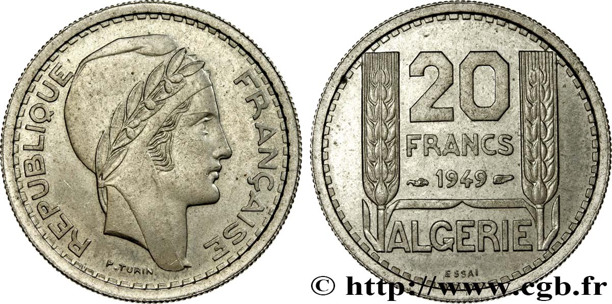 ALGÉRIE Essai 20 Francs Turin 1949 Paris SPL 