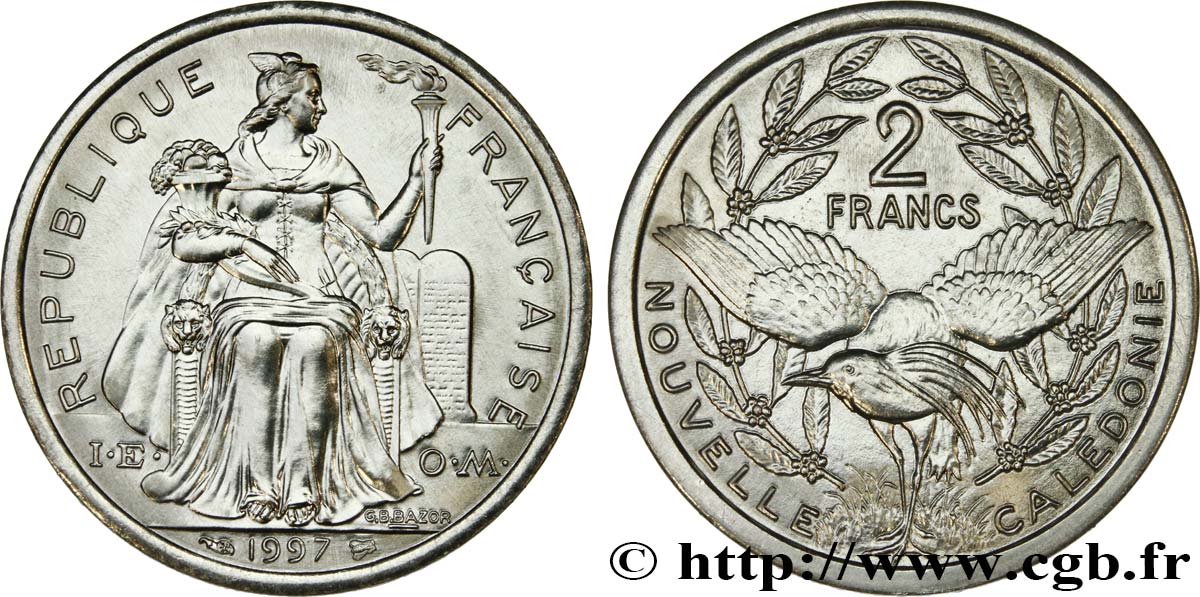 NEW CALEDONIA 2 Francs I.E.O.M. représentation allégorique de Minerve / Kagu, oiseau de Nouvelle-Calédonie 1997 Paris MS 