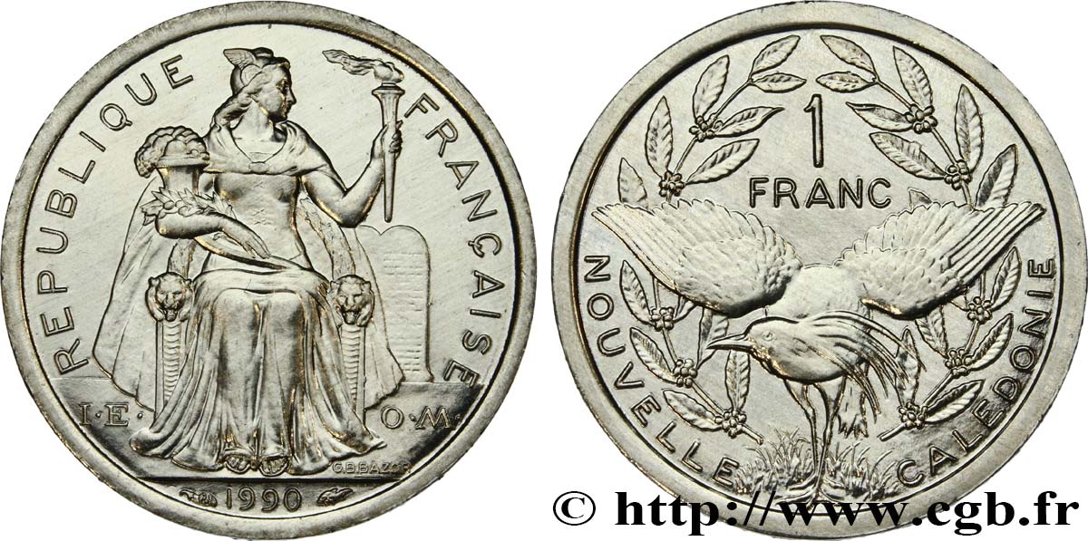 NUEVA CALEDONIA 1 Franc I.E.O.M. représentation allégorique de Minerve / Kagu, oiseau de Nouvelle-Calédonie 1990 Paris FDC 